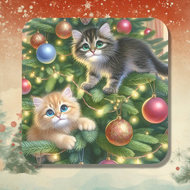 Pegatina Cuadrada Gatitos bonitos en el árbol de Navidad (Subido por el creador)