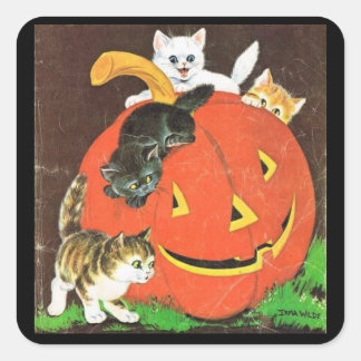 Pegatina Cuadrada Gatitos de época y Pegatinas de calabaza