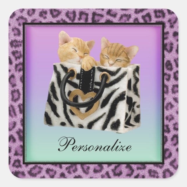 Pegatina Cuadrada Gatitos en bolsos Pegatinas de impresión de leopar (Anverso)
