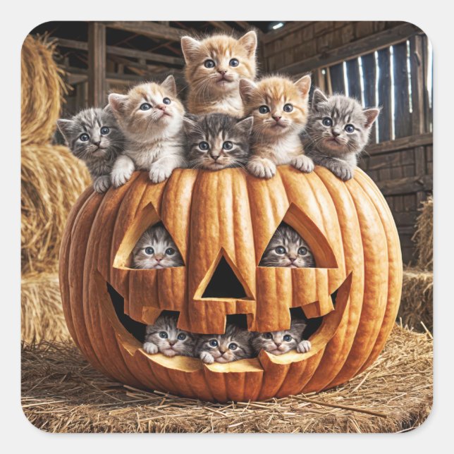 Pegatina Cuadrada Gatitos En Calabaza De Halloween (Anverso)