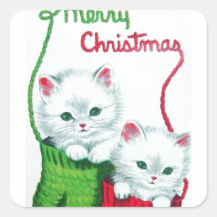 Pegatina Cuadrada Gatitos en Mittens Feliz Navidad