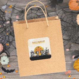 Pegatina Cuadrada Gatitos Fantasma de Halloween adorables en la luna