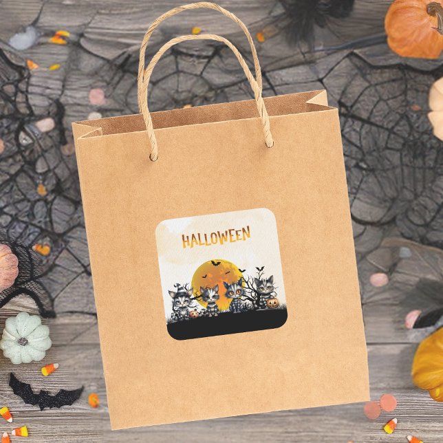 Pegatina Cuadrada Gatitos Fantasma de Halloween adorables en la luna (Subido por el creador)