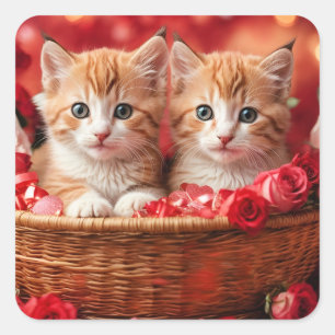 Pegatina Cuadrada Gatitos lindos en una cesta de paja