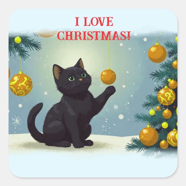 Pegatina Cuadrada Gatitos Navidades juguetones (Anverso)