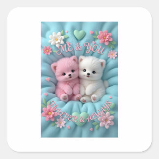 Pegatina Cuadrada Gatitos rosados y blancos adorables - "Tú y yo, po