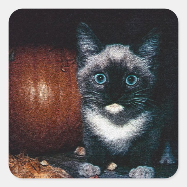 Pegatina Cuadrada Gatitos y calabaza para Halloween (Anverso)