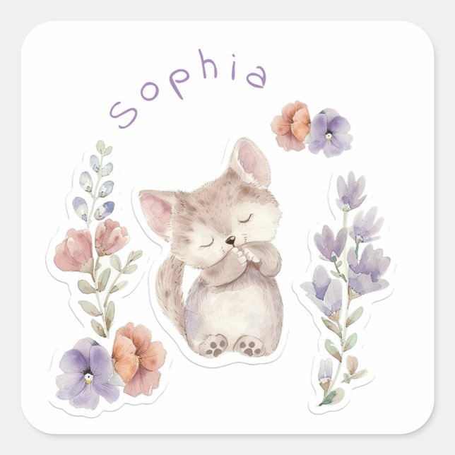 Pegatina Cuadrada Gatitos y flores, personalizados (Anverso)
