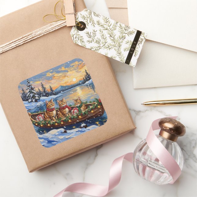 Pegatina Cuadrada Gato Abisinio Navidad Barco Fiesta (Regalar)