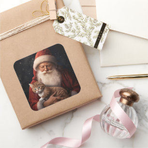 Pegatina Cuadrada Gato abisino con Navidades festivos de Santa Claus