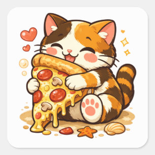 Pegatina Cuadrada Gato Adorable Abrazando Pizza   Diseño Divertido d