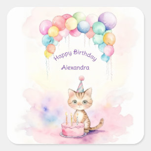 Pegatina Cuadrada Gato adorable de acuarela con pastel de cumpleaños
