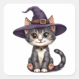 Pegatina Cuadrada Gato adorable en Gorra de brujas
