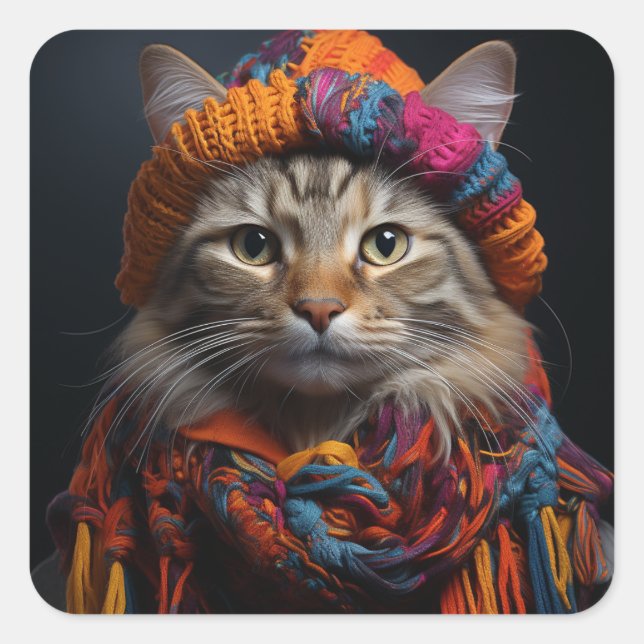 Pegatina Cuadrada Gato Adorable en una bufanda y Gorra (Anverso)