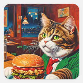 Pegatina Cuadrada Gato adorable en una vieja hamburguesa de queso