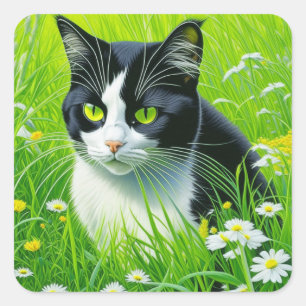 Pegatina Cuadrada Gato Adorable Personalizado en un campo de Daisies