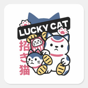 Pegatina Cuadrada Gato Afortunado Maneki Neko – Gato de la Fortuna J