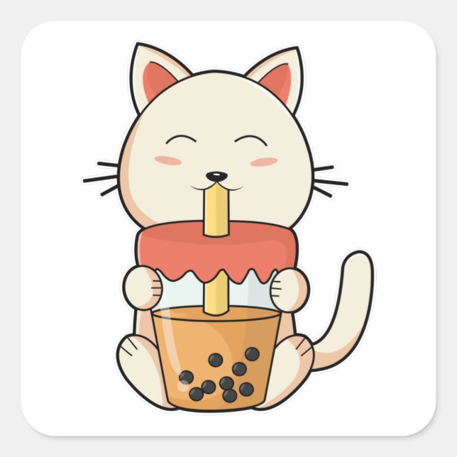 Pegatina Cuadrada Gato al beber con paja (Anverso)