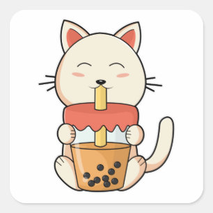 Pegatina Cuadrada Gato al beber con paja