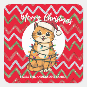 Pegatina Cuadrada Gato alegre y brillante Navidad gatito nieve invie