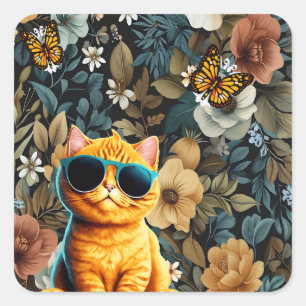 Pegatina Cuadrada Gato amarillo y mariposas en fondo floral
