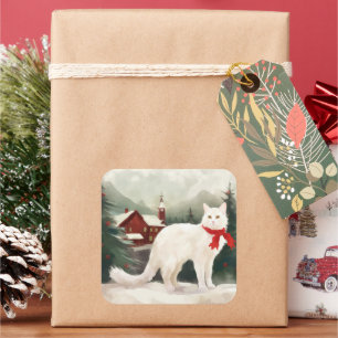 Pegatina Cuadrada Gato Angora Turco en Navidad con Nieve