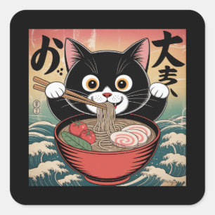 Pegatina Cuadrada Gato animado comiendo Ramen Gracioso Estilo Retro 
