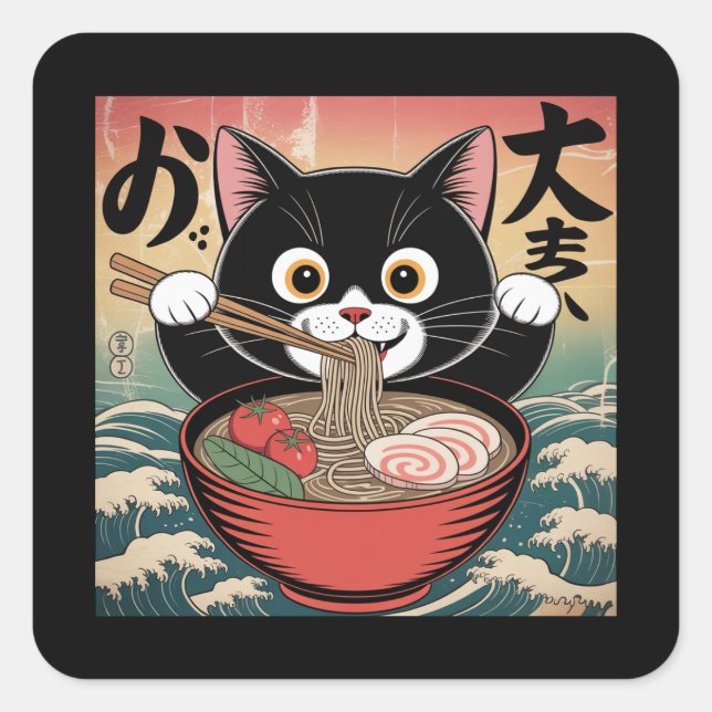 Pegatina Cuadrada Gato animado comiendo Ramen Gracioso Estilo Retro  (Anverso)