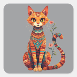 Pegatina Cuadrada Gato artístico lindo con rama floral