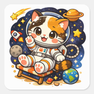 Pegatina Cuadrada Gato Astronauta Adorable   Ilustración de Gato Esp