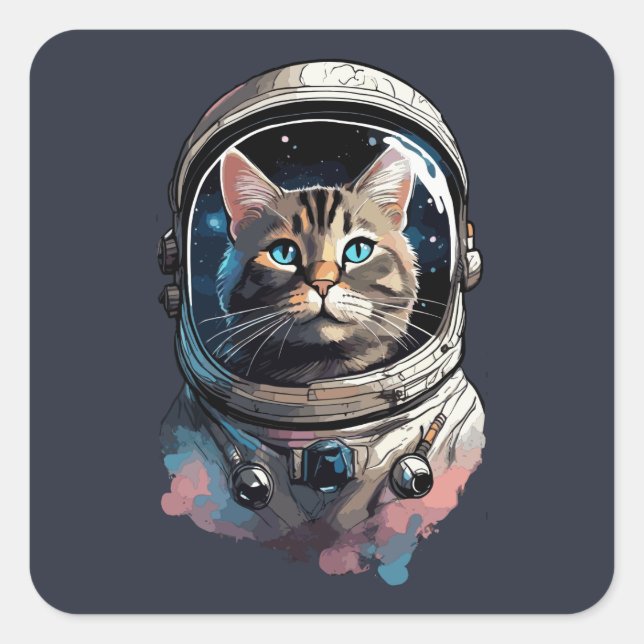Pegatina Cuadrada Gato astronauta en arte acuático espacial (Anverso)