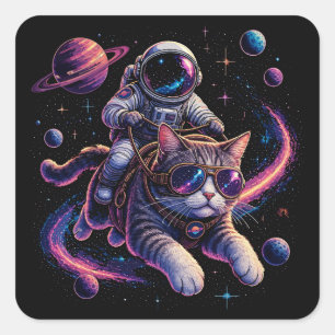 Pegatina Cuadrada Gato astronauta viajando por el espacio