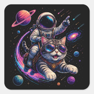 Pegatina Cuadrada Gato astronauta viajando por el espacio