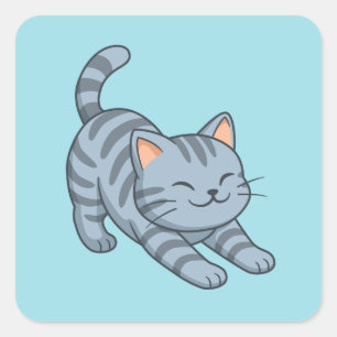 Pegatina Cuadrada Gato Atigrado Gris Estirándose Azul