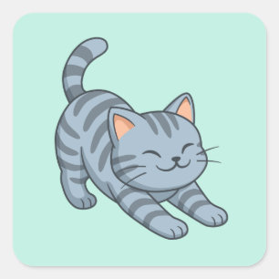 Pegatina Cuadrada Gato Atigrado Gris Estirándose Verde