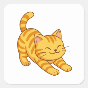 Pegatina Cuadrada Gato Atigrado Naranja Estirándose