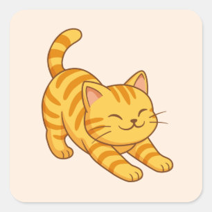Pegatina Cuadrada Gato atigrado naranja estirándose Beige