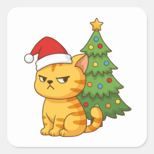 Pegatina Cuadrada Gato Atigrado Naranja Gruñón Sombrero Rojo Árbol d