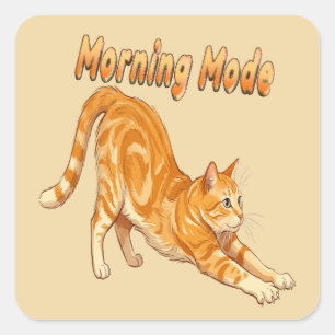 Pegatina Cuadrada Gato Atigrado Naranja Modo Mañana Estirándose Gato