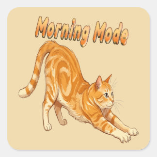 Pegatina Cuadrada Gato Atigrado Naranja Modo Mañana Estirándose Gato