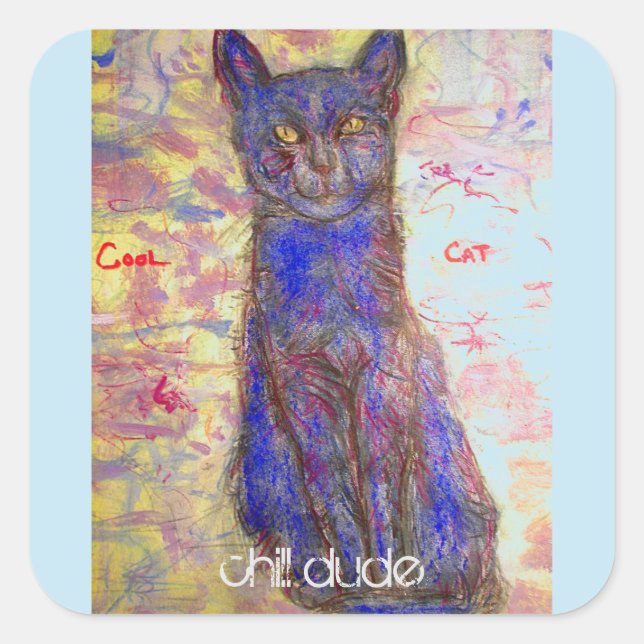 Pegatina Cuadrada gato azul fresco (Anverso)