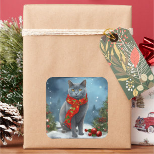Pegatina Cuadrada Gato Azul Ruso en Navidad Nieve