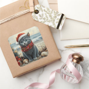 Pegatina Cuadrada Gato Azul Ruso Navidad Vintage Playa