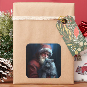 Pegatina Cuadrada Gato Azul Ruso Santa Claus Navideño Festivo
