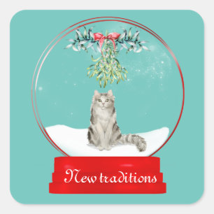Pegatina Cuadrada Gato bajo el globo de Nieve Mistletoe