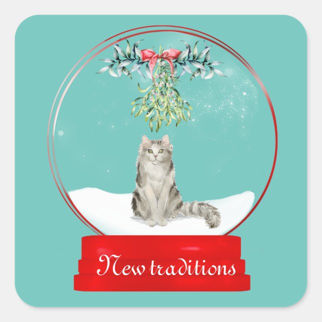 Pegatina Cuadrada Gato bajo el globo de Nieve Mistletoe (Anverso)