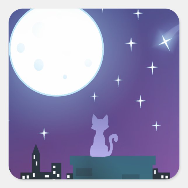Pegatina Cuadrada Gato bajo la luz de la luna (Anverso)