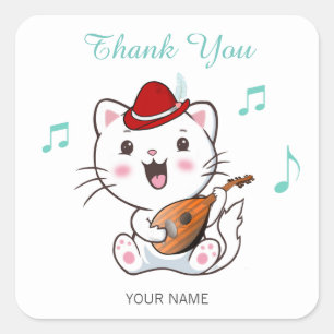 Pegatina Cuadrada Gato Bardo Musical con Mandolina Gracias Plaza St