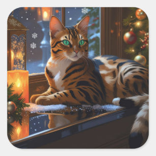 Pegatina Cuadrada Gato Bengal con Luces de Navidad Fiesta