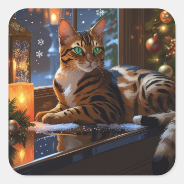 Pegatina Cuadrada Gato Bengal con Luces de Navidad Fiesta (Anverso)